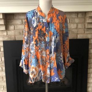 Ruby Rd. Orange Blue V-neck Button Down Roll Tab Sleeves Top size PXL
